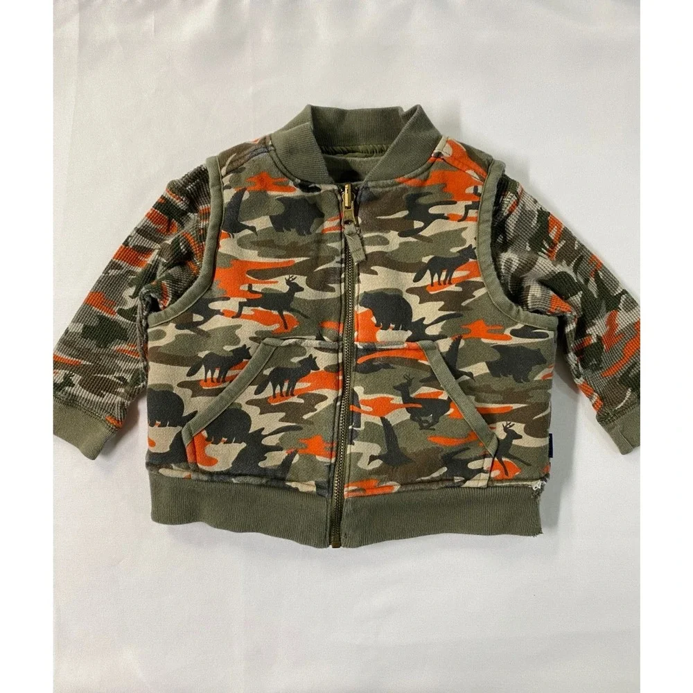 OshKosh B'gosh Boys Camo Bear Deer Bird Reversible Vest & Long Sleeve Shirt 1T